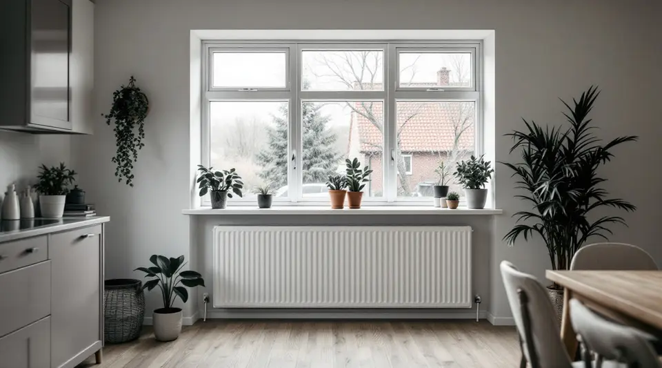 Een lange, lage paneelradiator onder een breed raam in een woonkamer met planten op de vensterbank en een eettafel