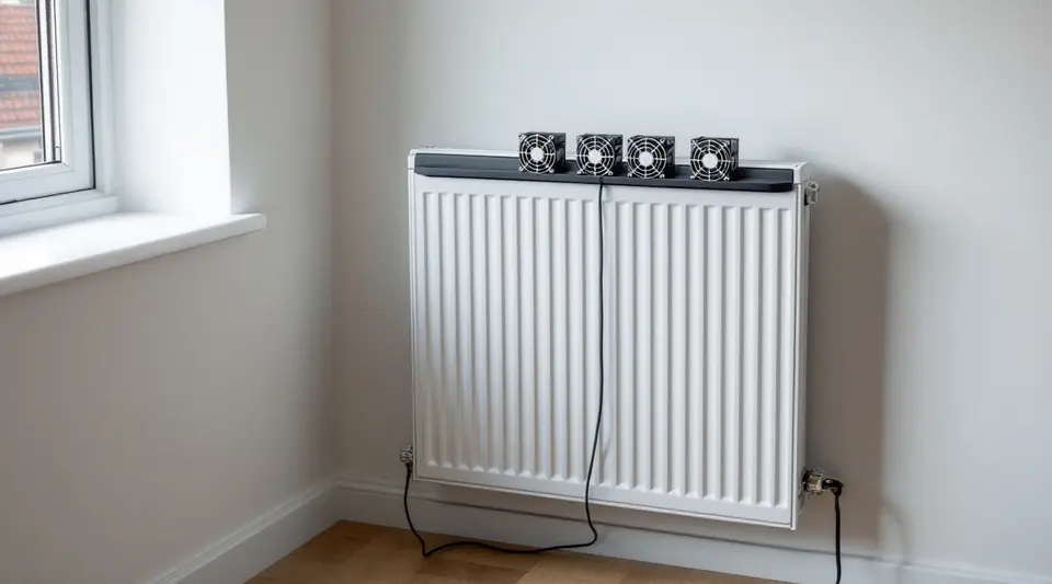 Een witte paneelradiator onder een vensterbank, met bovenop een zwarte strip met vier kleine ventilatoren en een kabel naar beneden