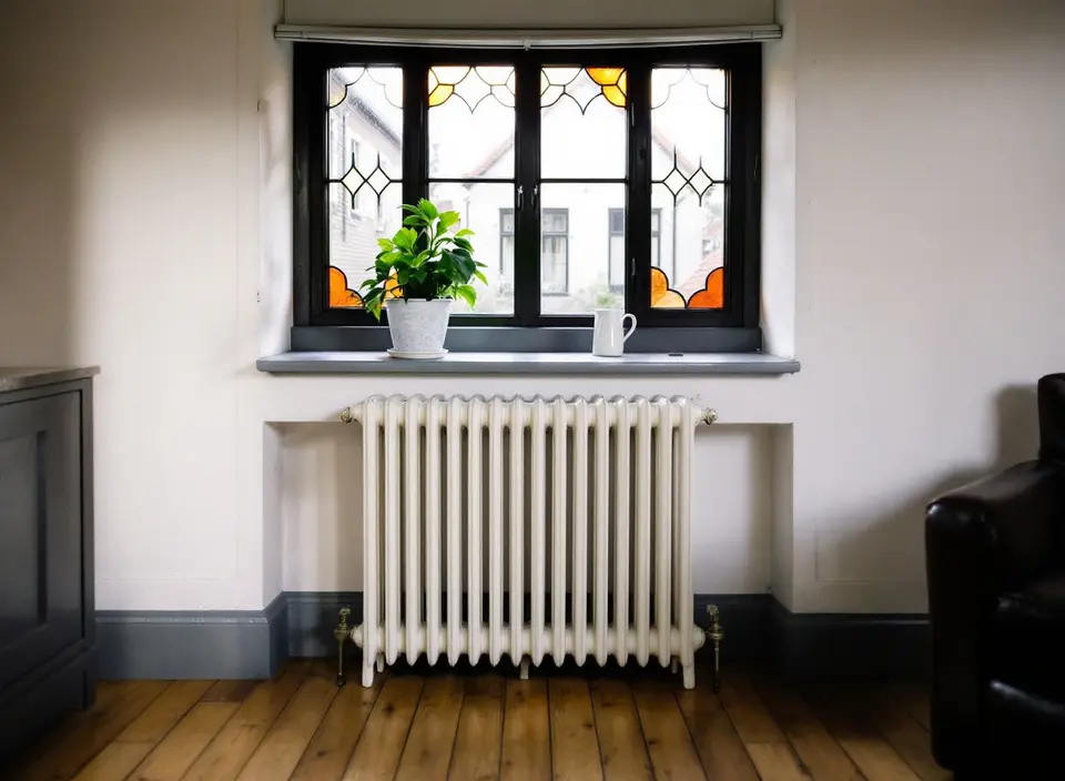 Een oude gietijzeren ledenradiator in crème onder een raam met glas-in-lood in een jarendertigwoning