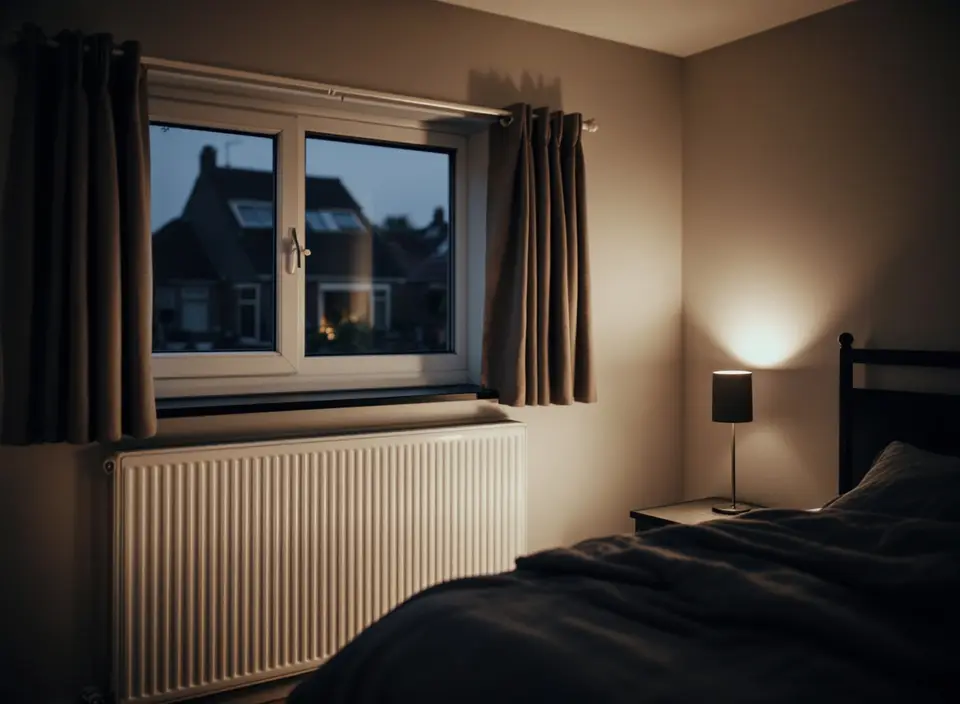 Een slaapkamer in de avond met een paneelradiator onder het raam, dichte gordijnen en een brandend nachtlampje
