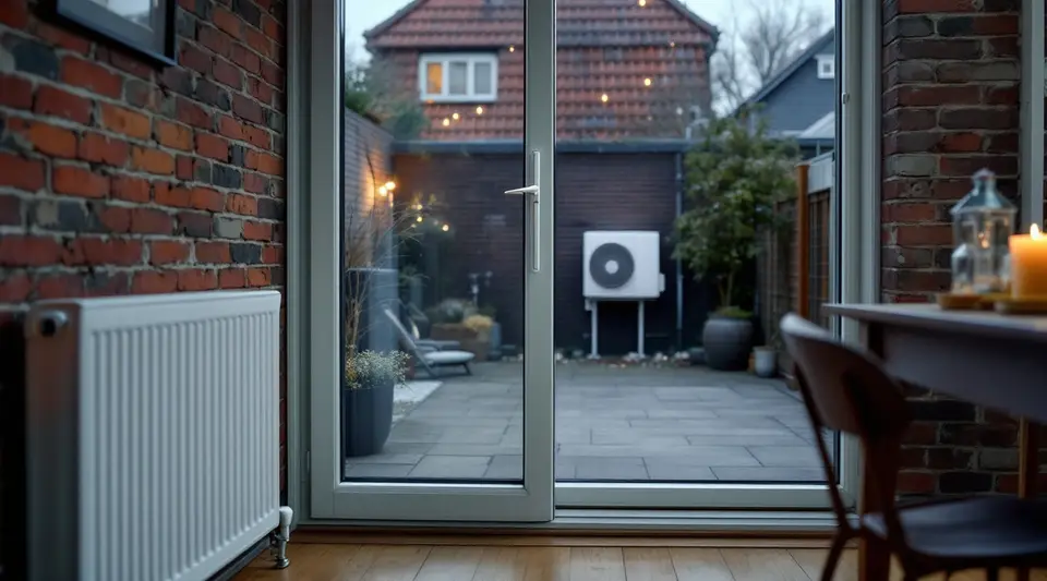 Een radiator naast een tuindeur in de avond; buiten staat de buitenunit van een warmtepomp tegen de muur van de tuin