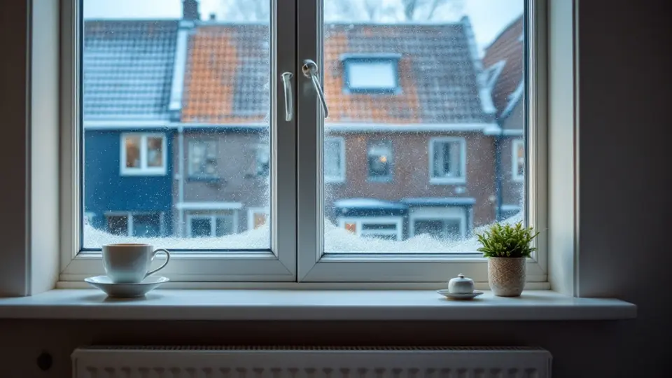 Een raam met een beetje condens op een koude ochtend, met rijp op de daken van de rijtjeshuizen en een kop thee op de vensterbank boven de radiator