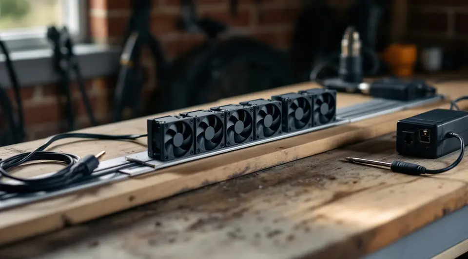 Een werkbank in een schuur met vier kleine zwarte computerventilatoren op een aluminium strip, een kabel, een adapter en een schroevendraaier