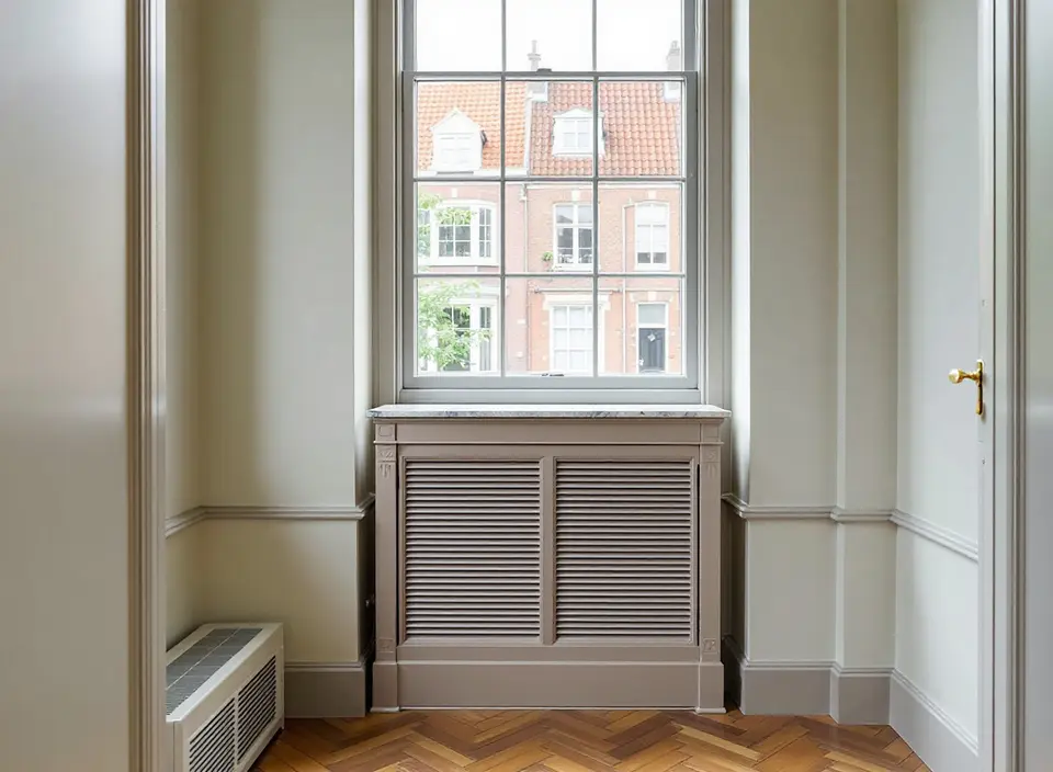 Een houten radiatorombouw met lamellen en een marmeren blad onder een hoog raam in een grachtenpand